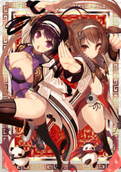 Rule 34 | 2girls, :o, ahoge, anchor hair ornament, animal costume, anklet, arm up, ass, azur lane, black ribbon, breasts, brown hair, brown legwear, china dress, chinese clothes, cleavage, cleavage cutout, clenched hand, closed mouth, clothing cutout, coat, commentary request, dress, fighting stance, flat chest, fur-trimmed coat, fur trim, hair ornament, hair rings, hairband, highres, jewelry, large breasts, leg up, long hair, long sleeves, looking at viewer, misago (525), multiple girls, ning hai (azur lane), open clothes, open coat, open mouth, outstretched arm, palms, panda costume, panties, pelvic curtain, ping hai (azur lane), purple dress, purple eyes, purple hair, red dress, red eyes, ribbon, ribs, shoes, side-tie panties, standing, standing on one leg, striped clothes, striped legwear, striped thighhighs, tareme, thighhighs, twintails, underwear, v arms, vertical-striped clothes, vertical-striped legwear, vertical-striped thighhighs, white coat, white footwear, white hairband, white ribbon
