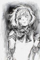 Rule 34 | 1girl, aegis (persona), android, bow, bowtie, bruise, greyscale, hairband, highres, injury, joints, looking to the side, machihazure, monochrome, parted lips, persona, persona 3, robot joints, sketch, solo, upper body