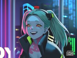 Rule 34 | 1girl, :d, artist name, black jacket, building, carlo montie, city, colored sclera, colored skin, cyberpunk (series), cyberpunk edgerunners, green hair, grey skin, hairband, high collar, highres, jacket, lipstick, long hair, looking at viewer, makeup, neck tattoo, night, open mouth, purple lips, rebecca (cyberpunk), red sclera, smile, solo, tattoo, teeth, tongue, twintails, upper body, upper teeth only, watermark, yellow eyes