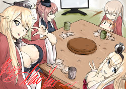 Rule 34 | 10s, 5girls, absurdres, aquila (kancolle), blonde hair, breasts, brown hair, cleavage, crown, cup, closed eyes, graf zeppelin (kancolle), grin, happy new year, headgear, highres, iowa (kancolle), kantai collection, kotatsu, large breasts, long hair, mini crown, multiple girls, new year, one eye closed, open mouth, orange hair, robe, saratoga (kancolle), sidelocks, smile, solid oval eyes, star-shaped pupils, star (symbol), symbol-shaped pupils, table, television, tongue, tongue out, twintails, v, warspite (kancolle), zaimoku (244138514)