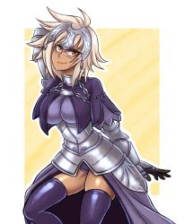 Rule 34 | 1girl, ahoge, arm behind head, armor, armored dress, blazblue, breasts, bullet (blazblue), capelet, chain, commentary, cosplay, crossover, dark-skinned female, dark skin, dojipan, dress, english commentary, fate (series), jeanne d&#039;arc (fate), jeanne d&#039;arc (fate) (cosplay), jeanne d&#039;arc (ruler) (fate), large breasts, lips, panties, pantyshot, scar, scar on face, scar on nose, skindentation, smile, solo, thighhighs, thighs, underwear, white hair, yellow background, yellow eyes