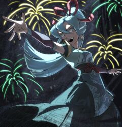 Rule 34 | 1girl, black background, blue eyes, blue hair, blue kimono, clair (new year&#039;s 2024) (pokemon), clair (pokemon), commentary, creatures (company), detached sleeves, english commentary, fireworks, game freak, highres, japanese clothes, kimono, long hair, nintendo, open mouth, outstretched arm, pokemon, pokemon masters ex, random minty, smile, solo, standing, teeth, upper teeth only