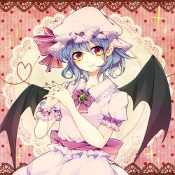 Rule 34 | 1girl, bad id, bad pixiv id, bat wings, blue hair, bow, brooch, hanaon, hat, hat bow, heart, heart of string, highres, jewelry, red eyes, remilia scarlet, solo, steepled fingers, touhou, wings, wrist cuffs