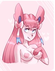 Rule 34 | 1girl, animal ears, blue eyes, blush, breasts, collarbone, creatures (company), furry, furry female, game freak, gen 6 pokemon, hand on own chest, hand up, heart, long hair, looking to the side, looking up, medium breasts, nintendo, nipples, personification, pink background, pink hair, pokemon, pokemon (creature), pokemon xy, signature, simple background, smile, solo, sylveon, text focus, zucchininutbread