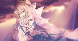 Rule 34 | bare shoulders, blonde hair, blue eyes, covering own mouth, dress, europa (granblue fantasy), flower, granblue fantasy, hair between eyes, hair flower, hair ornament, hand over own mouth, highres, kanengomi, looking at viewer, short hair, tiara, upper body, white dress