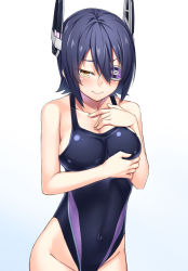 Rule 34 | 10s, 1girl, 3:, bare shoulders, blue hair, blush, breasts, competition swimsuit, covered navel, embarrassed, eyepatch, h kasei, headgear, highleg, highleg swimsuit, kantai collection, large breasts, looking at viewer, one-piece swimsuit, personification, short hair, sideboob, simple background, solo, swimsuit, tenryuu (kancolle), white background, yellow eyes