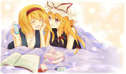 Rule 34 | 2girls, alice margatroid, bed, bed sheet, beige background, blonde hair, book, closed eyes, contemporary, couple, faech, hat, hat ribbon, headband, highres, holding, laughing, looking at another, lying, mob cap, multiple girls, on bed, on stomach, open book, open mouth, perfume (cosmetics), purple eyes, ribbon, shirt, short sleeves, simple background, sleeveless, smile, touhou, upper body, white shirt, yakumo yukari