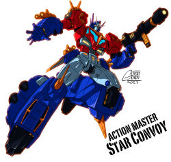 Rule 34 | 2023, artist name, autobot, character name, full body, guido guidi, gun, holding, holding gun, holding weapon, mecha, open hand, robot, solo, star convoy, transformers, transformers: return of convoy, v-fin, weapon, white background, yellow eyes