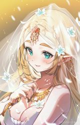 Rule 34 | 1girl, alternate costume, aqua eyes, bangle, blonde hair, blush, bracelet, breasts, bridal veil, bride, circlet, cleavage, closed mouth, commentary, dress, earrings, eyelashes, flower, gradient background, highres, jewelry, long hair, looking at viewer, medium breasts, necklace, nintendo, parted bangs, pointy ears, princess zelda, see-through, shuri (84k), simple background, smile, solo, strapless, strapless dress, symbol-only commentary, the legend of zelda, the legend of zelda: breath of the wild, thick eyebrows, twitter username, upper body, veil, wedding dress, white dress, white flower, yellow background