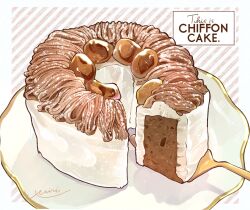 Rule 34 | cake, cake slice, chiffon cake, commentary, food, food focus, fork, highres, icing, miri illust, mont blanc (food), no humans, original, plate