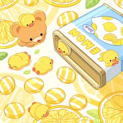 Rule 34 | animal, bear, bird, blush stickers, box, candy, chick, commentary, food, food focus, fruit, highres, leaf, lemon, lemon slice, no humans, original, summernight 12, symbol-only commentary, yellow theme