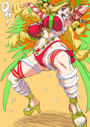 Rule 34 | 1girl, ;d, armpits, arms up, bell, blonde hair, bow, fate/grand order, fate (series), green eyes, headdress, high heels, jingle bell, long hair, looking at viewer, navel, numahana, one eye closed, open mouth, platform footwear, quetzalcoatl (fate), quetzalcoatl (samba santa) (fate), simple background, smile, solo, yellow background
