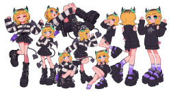 Rule 34 | 1girl, :3, absurdres, black choker, black footwear, black horns, black skirt, black sweater, blonde hair, blue eyes, blue shorts, blunt bangs, blush, boots, choker, closed eyes, closed mouth, clothing cutout, commentary request, cropped legs, demon horns, demon tail, ear bar, ear piercing, earrings, full body, heart, heart hands, highres, horns, jewelry, knee up, long sleeves, looking at viewer, mem-cho, multicolored hair, multiple views, nail polish, open mouth, osakechan0, oshi no ko, piercing, pink nails, pleated skirt, puffy sleeves, purple socks, roots (hair), short hair, shorts, shoulder cutout, simple background, sitting, skirt, smartphone case, smile, socks, steepled fingers, sweater, tail, v over eye, white background