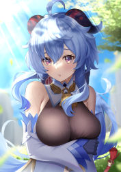 Rule 34 | 1girl, :o, absurdres, ahoge, arm under breasts, bare shoulders, bell, blue hair, blue sky, blush, breasts, day, detached sleeves, ganyu (genshin impact), genshin impact, goat horns, grass, hair between eyes, highres, horns, large breasts, lens flare, long hair, looking at viewer, mishiro (ixtlolton), neck bell, outdoors, parted lips, purple eyes, sidelocks, sky, solo, sunlight, sweat, tassel, upper body, wet, wet clothes