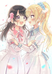 Rule 34 | 2girls, :d, absurdres, black hair, blonde hair, blue background, blue flower, blue rose, blush, brown eyes, collared dress, commentary request, dress, eye contact, fang, flower, frilled shirt collar, frills, gradient background, hair flower, hair ornament, highres, layered sleeves, long sleeves, looking at another, miyasato haruka, multiple girls, open mouth, petals, pink flower, pink rose, ponytail, profile, puffy short sleeves, puffy sleeves, rose, sakura oriko, short over long sleeves, short sleeves, smile, swept bangs, swing!!, white background, white dress, yokomine ibuki