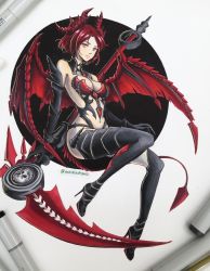 Rule 34 | 1girl, absurdres, black thighhighs, breasts, cleavage, dragon wings, elbow gloves, epis (king&#039;s raid), full body, gloves, high heels, highres, horns, king&#039;s raid, looking at viewer, medium breasts, moldiedraws, navel, pink eyes, red hair, red horns, scythe, sitting, solo, tail, thighhighs, white background, wings
