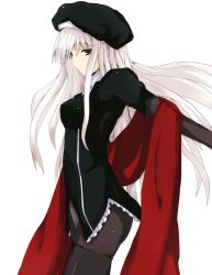 Rule 34 | 00s, 1girl, bad id, bad pixiv id, black hat, black pantyhose, caren hortensia, fate/hollow ataraxia, fate/stay night, fate (series), hat, layered sleeves, long hair, pantyhose, silver hair, solo, usugiri bacon, white background, yellow eyes