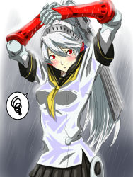 Rule 34 | 1girl, android, black skirt, blush, breasts, grey hair, hair between eyes, hands up, highres, joints, kamui sathi, labrys (persona), long hair, looking at viewer, neckerchief, open mouth, outdoors, persona, persona 4: the ultimate in mayonaka arena, pleated skirt, ponytail, rain, red eyes, robot joints, sailor collar, school uniform, serafuku, short sleeves, simple background, skirt, solo, standing, upper body, water, wet