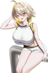 Rule 34 | 1girl, :3, absurdres, ahoge, arm support, arm up, armpits, bare arms, bare shoulders, blonde hair, breasts, cleavage, colored inner hair, crop top, crop top overhang, doenji (auto7233), elegg (nikke), exposed pocket, fang, goddess of victory: nikke, hair between eyes, hair intakes, high collar, highres, large breasts, looking at viewer, micro shorts, midriff, multicolored hair, on railing, open mouth, purple eyes, railing, see-through, see-through cleavage, shirt, short hair, short shorts, shorts, simple background, sitting, sleeveless, sleeveless shirt, smile, solo, taut clothes, taut shirt, thighs, white background, white shirt, white shorts