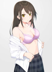 Rule 34 | 1girl, :o, bare shoulders, black hair, black skirt, blush, bra, breasts, brown eyes, cleavage, collarbone, cowboy shot, grey background, highres, long hair, long sleeves, looking at viewer, medium breasts, navel, off shoulder, open clothes, open shirt, original, parted lips, pink bra, plaid, plaid skirt, pleated skirt, raitho, shirt, sidelocks, simple background, skirt, solo, underwear, white shirt