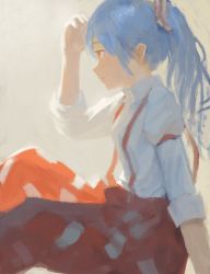 Rule 34 | 1girl, arm up, armband, expressionless, fjsmu, from side, fujiwara no mokou, grey background, hair ribbon, hand in own hair, highres, knee up, long sleeves, looking to the side, no lineart, ofuda, pants, ponytail, profile, red eyes, red pants, ribbon, shirt, short hair, silver hair, simple background, sitting, sleeves rolled up, solo, suspenders, touhou, white shirt