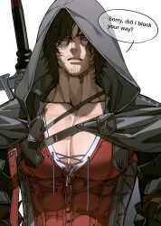Rule 34 | 1boy, absurdres, bara, black cape, black hair, cape, clive rosfield, english text, facial hair, fan mu zhang, final fantasy, final fantasy xvi, highres, hood, hood up, hooded cape, huge pectorals, large pectorals, looking at viewer, male focus, muscular, muscular male, pectorals, red shirt, shirt, short hair, solo, sword, weapon, weapon on back