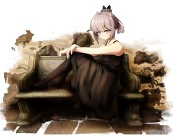 Rule 34 | 1girl, bare shoulders, bench, blush, closed mouth, collarbone, crr001, dress, expressionless, girls&#039; frontline, grey eyes, hand on legs, highres, looking at viewer, m200 (girls&#039; frontline), m200 (war correspondent) (girls&#039; frontline), official alternate costume, pantyhose, ponytail, short hair, silver hair, simple background, sitting, solo, transparent background