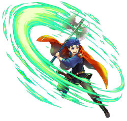 Rule 34 | 1boy, aged down, axe, black footwear, blue eyes, blue hair, brown pants, cape, collarbone, fire emblem, fire emblem: the blazing blade, fire emblem heroes, hagiya kaoru, hector (fire emblem), holding, holding axe, holding weapon, male focus, matching hair/eyes, nintendo, official alternate costume, official art, open mouth, pants, red cape, smile, solo, swinging, teeth, weapon