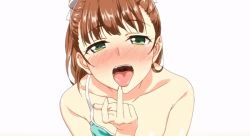 Rule 34 | 1girl, animated, animated gif, black skirt, blue shirt, blush, breasts, brown hair, collarbone, green eyes, looking at viewer, nipples, off shoulder, one breast out, open mouth, oral invitation, sexually suggestive, shirt, shishunki no obenkyou, sitting, skirt, small breasts, thighs, tongue, tongue out, wariza