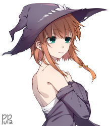 Rule 34 | 1girl, 3:, aqua eyes, artist name, back, bare shoulders, black souls, closed mouth, colored eyelashes, detached sleeves, dorothy (black souls), eyes visible through hair, hair ribbon, hat, highres, long hair, long sleeves, looking away, orange hair, pupa jiang, purple hat, ribbon, simple background, solo, upper body, white background, witch hat, yellow ribbon
