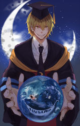 Rule 34 | 10s, 1boy, alternate form, ansatsu kyoushitsu, black jacket, black necktie, blonde hair, collared shirt, crescent moon, dress shirt, earth (planet), evil grin, evil smile, floating, floating object, formal, grin, hat, highres, jacket, koro-sensei, long sleeves, looking at viewer, male focus, moon, necktie, orb, personification, planet, robe, shirt, smile, solo, suit, tassel, wing collar, yellow eyes, zhong1234