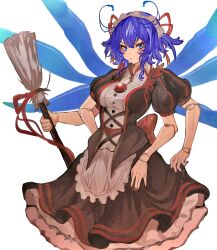Rule 34 | 1girl, absurdres, antennae, arthropod girl, blue hair, breasts, broom, closed mouth, commentary, english commentary, extra arms, highres, holding, holding broom, large breasts, looking at viewer, maid, maid headdress, original, red nails, short hair, short sleeves, simple background, solo, tomatolover16, white background, wings