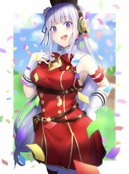 Rule 34 | 1girl, :d, absurdres, armband, armpits, belt pouch, blunt bangs, blurry, blurry background, blush, border, bow, bowtie, breasts, confetti, cosplay, cowboy shot, crossover, dress, emilia (re:zero), flower, gloves, gold ship (umamusume), gold ship (umamusume) (cosplay), hair flower, hair ornament, hand on own hip, hand on own chest, highres, huge filesize, long hair, looking at viewer, low-tied long hair, m.tokotsu, medium breasts, open mouth, pantyhose, pillbox hat, pouch, purple eyes, re:zero kara hajimeru isekai seikatsu, red bow, red bowtie, red dress, sidelocks, silver hair, sleeveless, sleeveless dress, smile, solo, standing, teeth, umamusume, underbust, upper teeth only, very long hair, white border, white gloves, white pantyhose