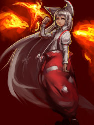 Rule 34 | 1girl, absurdly long hair, boots, bow, brown eyes, brown footwear, closed mouth, collared shirt, fire, flaming hand, from side, fujiwara no mokou, grey hair, hair bow, hand up, inishie kumo, juliet sleeves, long hair, long sleeves, looking at viewer, pants, puffy pants, puffy sleeves, red background, red pants, shirt, simple background, smile, smirk, solo, standing, suspenders, touhou, very long hair, white bow, white shirt, wing collar