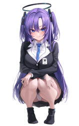 Rule 34 | 1girl, ass, blue archive, blue necktie, blush, closed mouth, collared shirt, formal, full body, halo, highres, long hair, long sleeves, looking at viewer, mechanical halo, melt (melt out1), necktie, panties, purple eyes, purple hair, shirt, simple background, solo, squatting, suit, two side up, underwear, white background, white panties, white shirt, yuuka (blue archive)