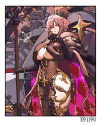 Rule 34 | 1girl, aircraft carrier, azur lane, black cape, black gloves, breasts, cape, clemenceau (azur lane), closed mouth, cowboy shot, cross, crown, elbow gloves, gloves, hair between eyes, hand up, holding, holding staff, kuroinu9, large breasts, long hair, looking at viewer, military vehicle, pink hair, red eyes, revealing clothes, ship, solo, staff, two-sided fabric, underboob, warship, watercraft