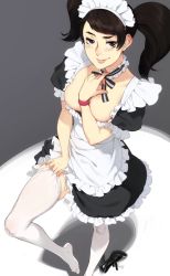 Rule 34 | 1girl, adjusting clothes, adjusting legwear, apron, black footwear, blush, breasts, brown eyes, cleavage, dress, feguimel, unworn footwear, frilled dress, frills, high heels, highres, kawakami sadayo, light blush, looking at viewer, maid, maid apron, maid headdress, neck ribbon, persona, persona 5, ribbon, shoes, unworn shoes, smile, solo, standing, thighhighs, twintails, white thighhighs