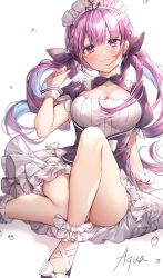 Rule 34 | 1girl, :3, ass, bare legs, braid, breasts, character name, cleavage, dress, frills, hair ribbon, hand up, highres, hololive, knee up, long hair, looking at viewer, maid headdress, medium breasts, minato aqua, minato aqua (1st costume), multicolored hair, pillo, purple dress, purple eyes, purple hair, ribbon, shoes, short sleeves, sidelocks, simple background, sitting, smile, solo, thighs, twintails, two-tone hair, virtual youtuber, white background, wrist cuffs