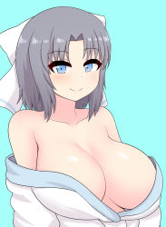 Rule 34 | 1girl, absurdres, blue eyes, blush, bow, breasts, cleavage, closed mouth, collarbone, grey hair, hair bow, hair ribbon, highres, huge breasts, japanese clothes, kimono, large breasts, looking at viewer, loose clothes, medium hair, off shoulder, parted bangs, ribbon, sagging breasts, senran kagura, simple background, smile, solo, the only shoe, upper body, white bow, white kimono, yumi (senran kagura)