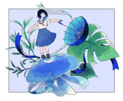 Rule 34 | 1girl, black hair, blue eyes, blue hair, blue ribbon, blue sailor collar, blue skirt, blue umbrella, border, brown footwear, colored tips, highres, holding, holding umbrella, jellyfish, leaf, light blue background, loafers, looking at viewer, mamei mema, multicolored hair, neckerchief, original, outside border, plant, pleated skirt, red neckerchief, ribbon, sailor collar, sailor shirt, school uniform, shirt, shoes, short sleeves, simple background, skirt, socks, solo, standing, tareme, transparent ribbon, umbrella, white border, white shirt, white socks, wide shot