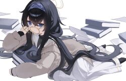 Rule 34 | 1girl, black hair, black pantyhose, blue archive, blue eyes, blue hairband, book, cardigan, closed mouth, commentary request, crossed bangs, fallen down, glasses, hair spread out, hairband, halo, highres, light frown, long hair, long skirt, long sleeves, low twintails, no shoes, pantyhose, pile of books, round eyewear, sailor collar, sidelocks, skirt, solo, tiko (idadsa91), twintails, ui (blue archive), very long hair, white sailor collar, white skirt