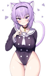 Rule 34 | 1girl, :3, absurdres, ahoge, animal collar, animal ear fluff, animal ears, black collar, black hairband, blush, breasts, cat ears, cat girl, cat tail, closed mouth, collar, covered navel, crossed bangs, gluteal fold, hair between eyes, hairband, highleg, highleg leotard, highres, hololive, large breasts, leotard, long sleeves, looking at viewer, metaljelly, nekomata okayu, nekomata okayu (casual), purple eyes, purple hair, sailor collar, short hair, simple background, smile, solo, standing, tail, thigh gap, virtual youtuber, white background