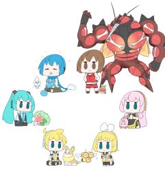 Rule 34 | 2boys, 4girls, absurdres, animal, antennae, applin, aqua eyes, aqua hair, aqua necktie, arm warmers, azurill, bare shoulders, bee, black collar, black legwear, black shorts, black skirt, black sleeves, blonde hair, blue hair, blue scarf, boots, bow, bow hairband, brown eyes, brown hair, brown pants, bug, buzzwole, chibi, closed eyes, coat, collar, color connection, combee, commentary, creatures (company), crossover, detached sleeves, egg, flower, food, game freak, gen 3 pokemon, gen 4 pokemon, gen 5 pokemon, gen 7 pokemon, gen 8 pokemon, grey shirt, hair bow, hair ornament, hairband, hairclip, hands on own hips, happiny, hatsune miku, hatsune negame, headphones, highres, holding, holding egg, honeycomb (pattern), ice cream, insect, jacket, kagamine len, kagamine rin, kaito (vocaloid), knee boots, leg warmers, legendary pokemon, long hair, megurine luka, meiko (vocaloid), midriff, miniskirt, multiple boys, multiple girls, muscular, mythical pokemon, neckerchief, necktie, nintendo, pants, pink hair, pleated skirt, pokemon, pokemon (creature), red jacket, red skirt, sailor collar, scarf, school uniform, shaymin, shaymin (land), shirt, short hair, short ponytail, short sleeves, shorts, side slit, simple background, skirt, sleeveless, sleeveless shirt, smile, snom, solid oval eyes, spiked hair, standing, swept bangs, trait connection, twintails, ultra beast, vanillite, very long hair, vocaloid, white background, white bow, white coat, white shirt, yamper, yellow neckerchief, yellow necktie