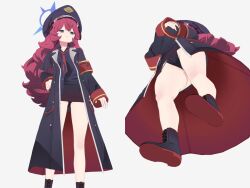 Rule 34 | 1girl, bare legs, black panties, blue archive, boots, from below, full body, halo, hat, highres, iroha (blue archive), jacket, legs, long coat, long hair, long sleeves, messy hair, military hat, military jacket, military uniform, mizusaki (kn27), necktie, panties, red hair, simple background, solo, standing, thighs, underwear, uniform, upskirt, white background