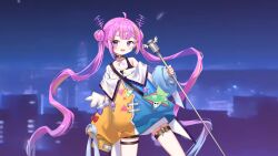 Rule 34 | 1girl, arsyky14, asymmetrical clothes, asymmetrical legwear, asymmetrical sleeves, bandages, building, city, cityscape, commission, heterochromia, highres, holding, idol corp, long hair, looking at viewer, microphone, pink eyes, pink hair, purple eyes, riro ron, sleeves past wrists, twintails, virtual youtuber, wallpaper, wings