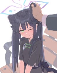 Rule 34 | 1girl, aged down, animal ears, bench, black dress, blue archive, blush, child, china dress, chinese clothes, closed mouth, commentary request, dress, green eyes, halo, headpat, highres, kidou senshi nama ino, long hair, long sleeves, looking at viewer, one eye closed, sensei (blue archive), short sleeves, shun (blue archive), shun (small) (blue archive), simple background, solo focus, upper body, white background