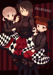 Rule 34 | 10s, 3girls, :p, absurdres, ahoge, aki (girls und panzer), alternate costume, blunt bangs, boots, brown eyes, brown hair, brown shirt, center frills, checkered clothes, checkered dress, cross-laced footwear, dress, eating, frilled shirt, frills, girls und panzer, hat, highres, light brown hair, lolita fashion, long hair, long sleeves, mika (girls und panzer), mikko (girls und panzer), mini hat, mini top hat, multiple girls, pantyhose, parted lips, petticoat, red eyes, red hair, scrunchie, shirt, short twintails, sitting, smile, striped clothes, striped legwear, striped pantyhose, tongue, tongue out, top hat, toyosu toyosu, twintails, underbust, vertical-striped clothes, vertical-striped pantyhose