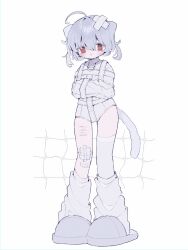 Rule 34 | 1girl, @ @, ahoge, animal ears, bandaid, bandaid on leg, blush, bound, bound arms, cat ears, cat girl, cat tail, chestnut mouth, commentary request, crossed bandaids, film grain, full body, gauze, gauze on knee, grey footwear, grey hair, grey tail, hair between eyes, hair intakes, hands up, harness, highres, leg warmers, leotard, long sleeves, medium hair, open mouth, original, pigeon-toed, red eyes, self-harm scar, short twintails, single thighhigh, slippers, solo, standing, straitjacket, tail, thighhighs, twintails, upa papa co, white background, white leotard, white thighhighs