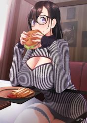 Rule 34 | 1girl, asymmetrical bangs, black hair, breasts, burger, cleavage, cleavage cutout, clothing cutout, eating, food, french fries, glasses, hair between eyes, highres, large breasts, long hair, long sleeves, looking at viewer, meme attire, nanahime, original, plate, purple eyes, sitting, solo, striped clothes, striped sweater, sweater, thigh strap, thighs, vertical stripes