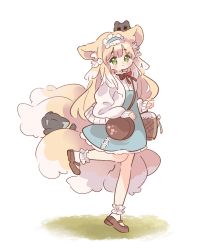 Rule 34 | 1girl, animal, animal ear fluff, animal ears, arknights, bag, basket, black cat, blonde hair, blue hairband, blush, bow, brown footwear, cat, closed mouth, commentary request, fox ears, fox girl, fox tail, frilled hairband, frills, full body, green eyes, hairband, highres, jacket, kitsune, kurumiht, long hair, long sleeves, looking at viewer, luo xiaohei zhanji, multicolored hair, open clothes, open jacket, puffy long sleeves, puffy sleeves, red bow, shirt, shoes, shoulder bag, simple background, sleeves past wrists, smile, socks, solo, standing, standing on one leg, suzuran (arknights), suzuran (spring praise) (arknights), tail, two-tone hair, very long hair, white background, white hair, white jacket, white shirt, white socks